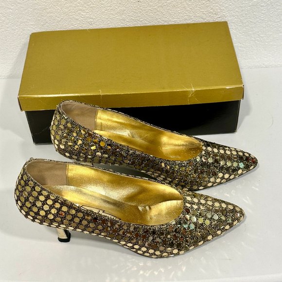 Marquise Shoes - Vintage 70s Marquise Heels Black with Gold Sequins Formal Pumps Womens Size 9 M